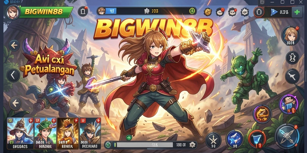 Tampilan gameplay BIGWIN88 yang penuh aksi dan karakter anime.