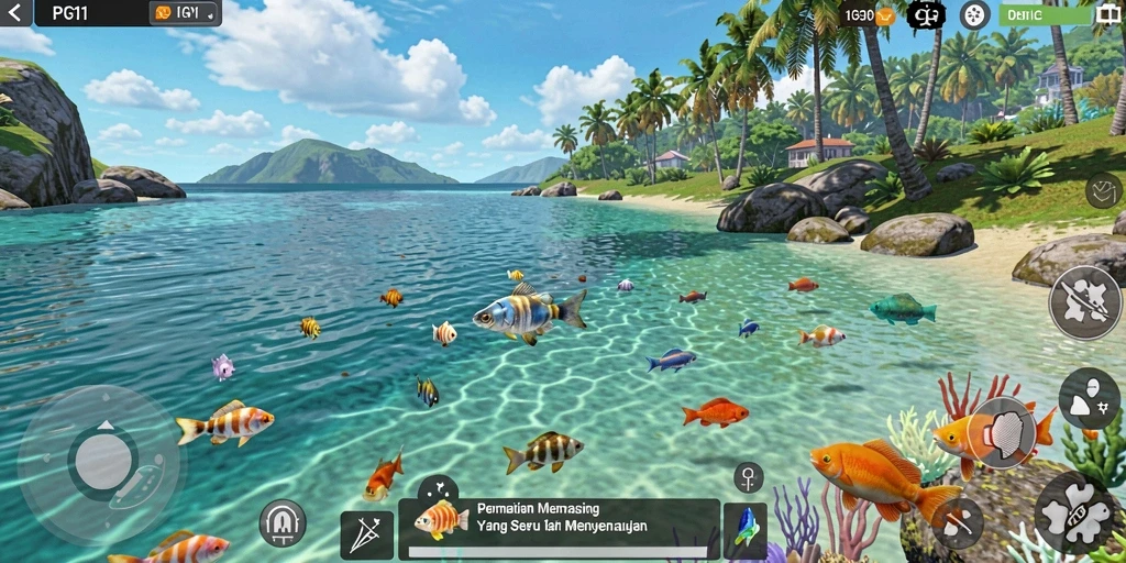 Screenshot PG11 menampilkan gameplay menarik saat menangkap ikan di laut.