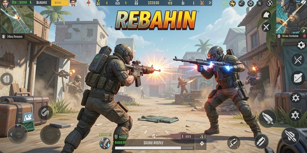Screenshot gameplay REBAHIN menampilkan aksi seru dalam arena Battle Royale.