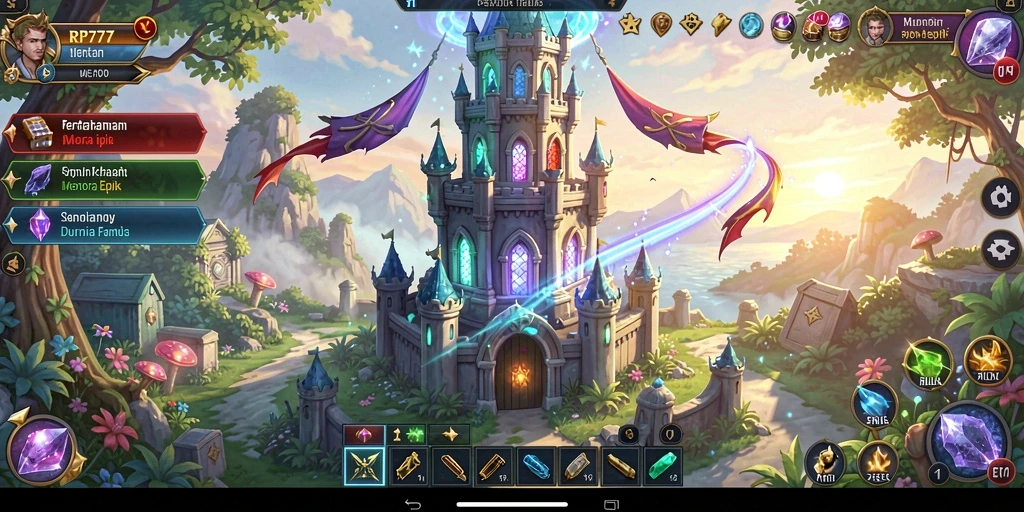 Tangkapan layar gameplay RP777 menampilkan menara strategis melawan gelombang serangan musuh.